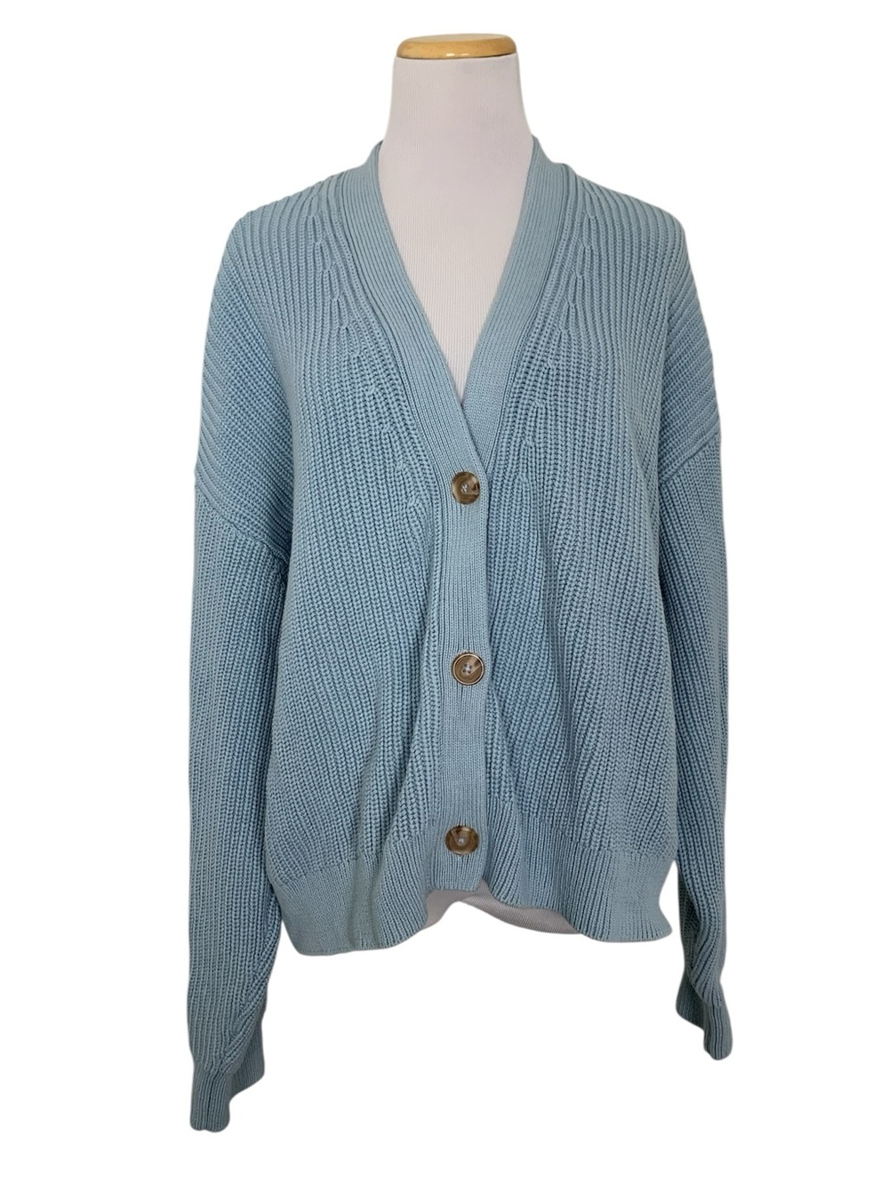 Quince 100% Organic Cotton Cardigan Sweater Sz XL Light Blue Heavyweight Knit